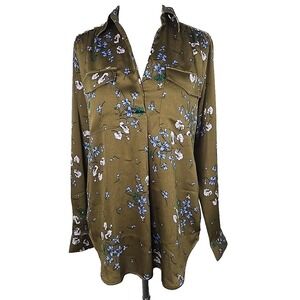 Ann Taylor Chartreuse Floral Long Sleeve Matt Satin Top Blouse Small S
